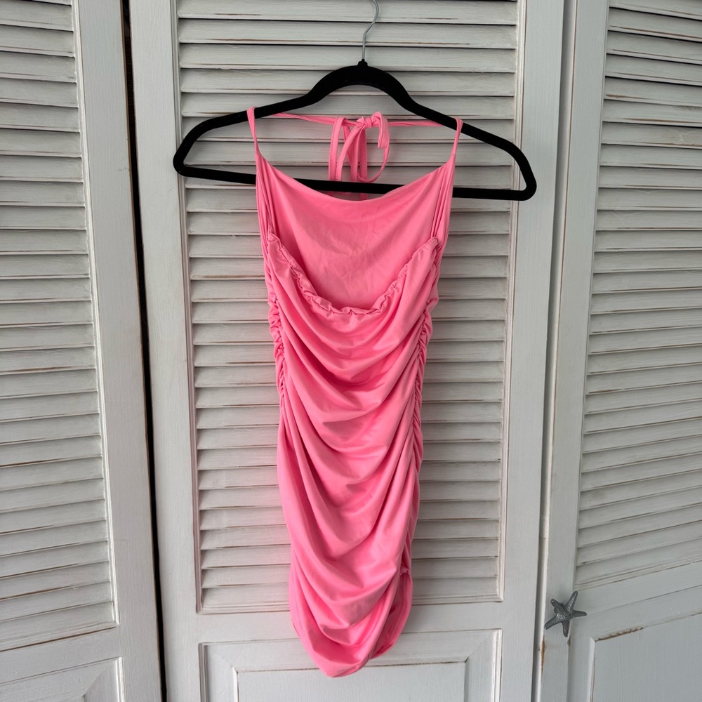 Pink Ruched Halter Bodycon Dress - Picture 2 of 2